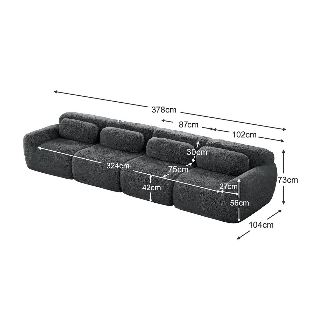 SOFA Modulares 4-Sitzer, keine Montage erforderlich, Webpelz-Bezug, Grau - Grau, Textil (104/73/378cm) - Meubles Cosy