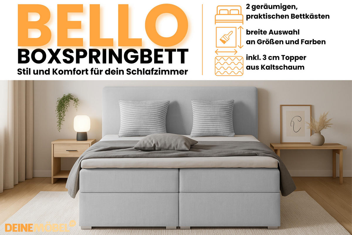 BOXBETT BELLO 200x200 in Velour Hellgrau H3 - Hellgrau, Holz/Holzwerkstoff (200/200cm) - Deine Möbel 24