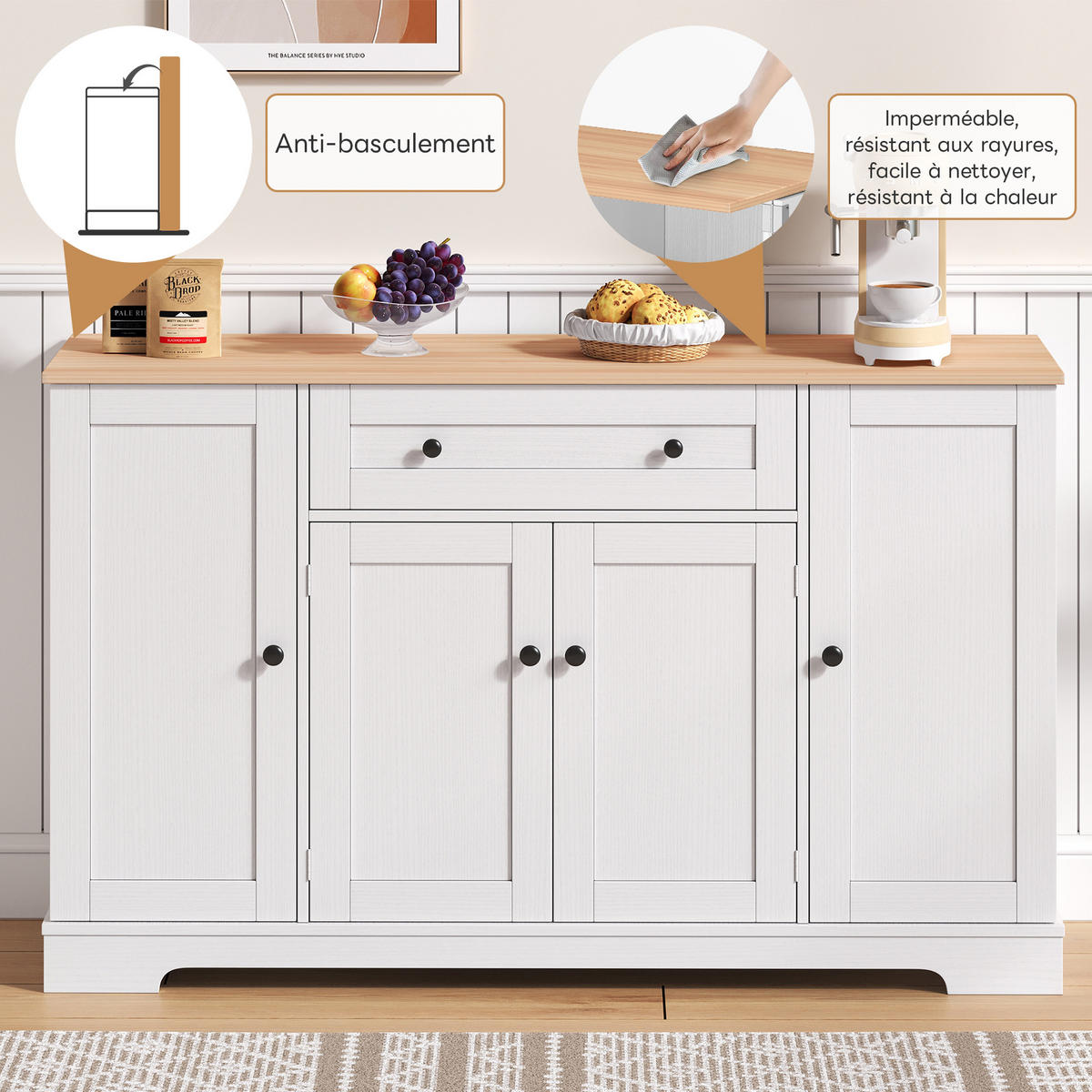 SIDEBOARD mit Schublade, Doppeltürfach und verstellbaren Einlegeböden, 138/40/85 cm, Natur und Weiß - Weiß, Holzwerkstoff (138/85/40cm) - Redom