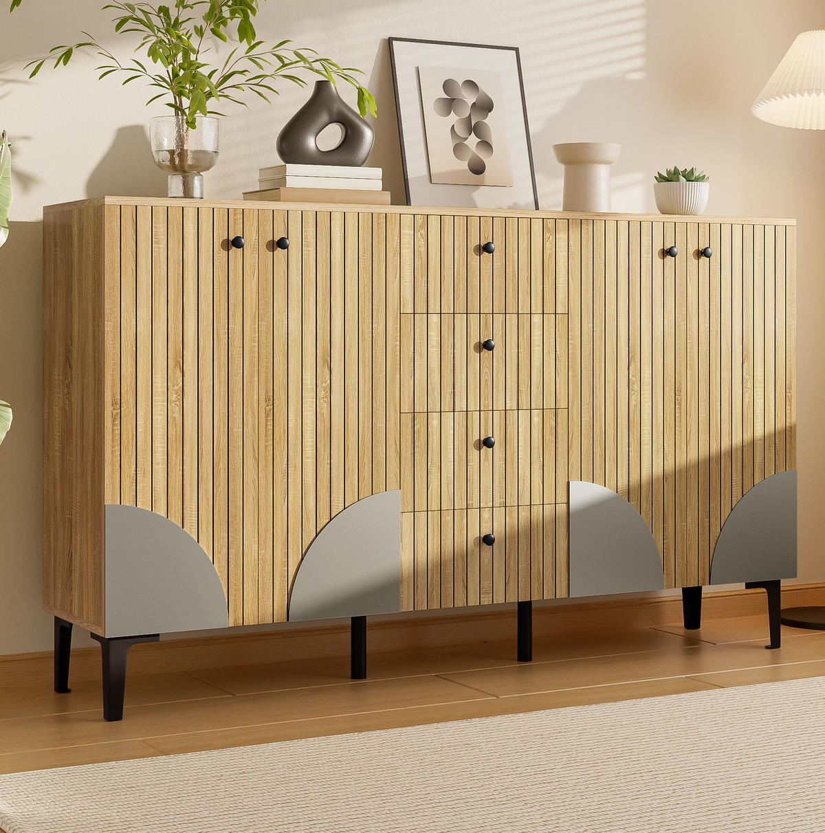 SIDEBOARD 160/36/94 cm mit 4 Türen und 4 Schubladen aus Spanplatte, vielseitiger Stauraum, Holzfarben - Eichefarben, Holzwerkstoff (160/94/36cm) - Redom