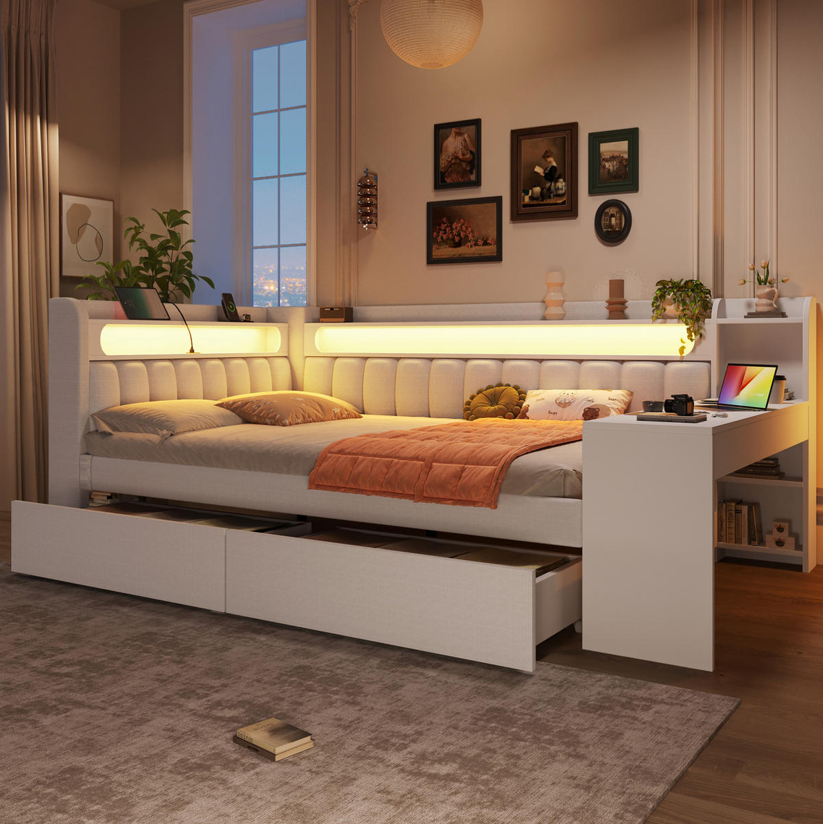 POLSTERBETT 140/200 cm weiß aus MDF mit LED und USB mit Schreibtisch - Weiß, Holzwerkstoff (140/200cm) - OKWISH