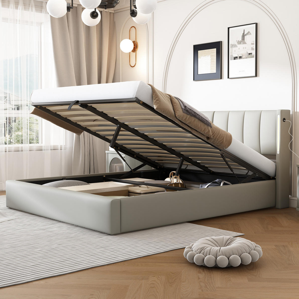 POLSTERBETT 140/190 cm Grau aus PU mit LED, USB und Stauraum - Grau, Kunststoff (140/190cm) - OKMYHOME