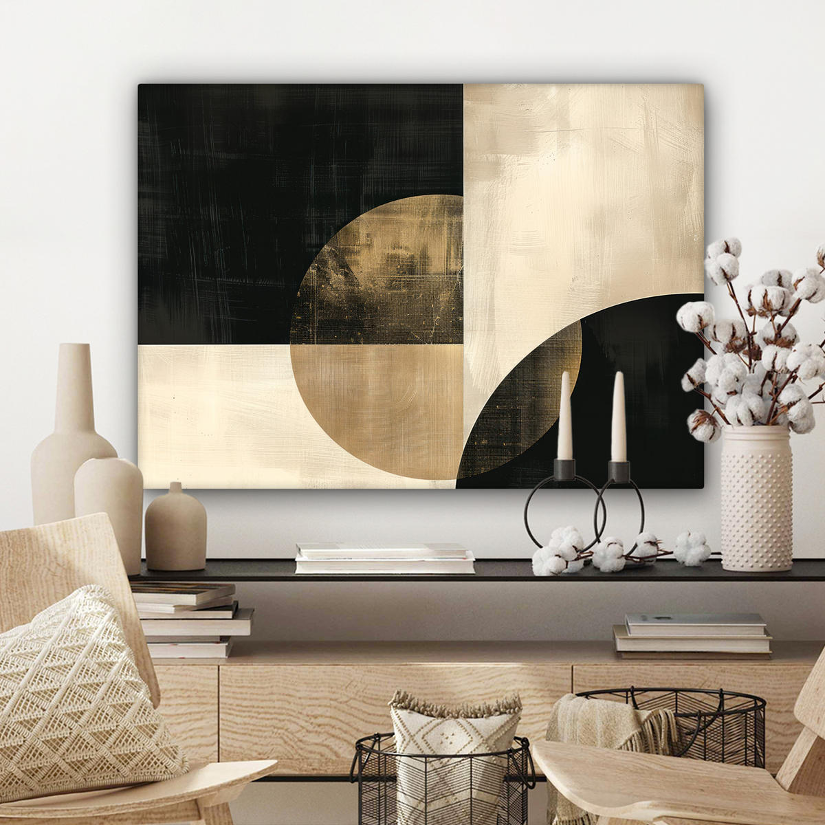 LEINWANDBILD Abstrakt - Geometrische Formen - Schwarz - Gold Wandbilder 80x60 cm - Ecru, Textil (80/60cm) - MuchoWow