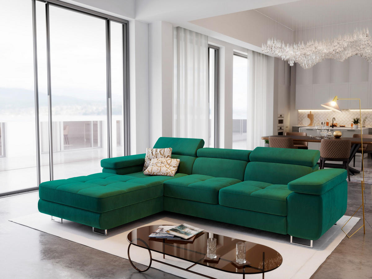 ECKSOFA ELMA L-S Grün Velours-Stoff mit Schlaffunktion - Grün, Holz (280/205cm) - MASSENO