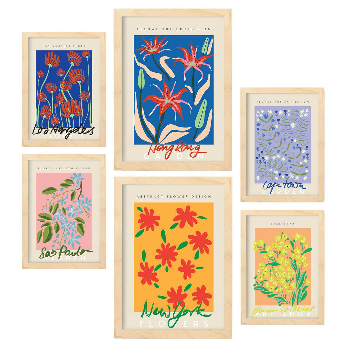 POSTER Set Mit 6 Blumengalerie Sammlung A3 & A4 Rahmen Aus Hellem Holz - Beige, Papier (29/3cm) - Nacnic