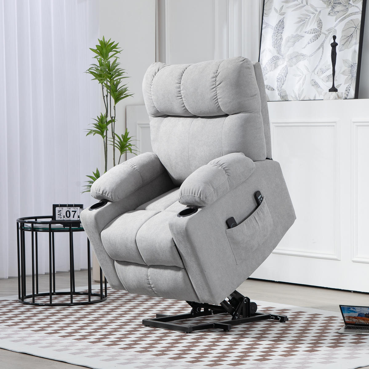 FERNSEHSESSEL mit Aufstehhilfe, Hellgrau - Hellgrau/Schwarz, Textil/Metall (95/109/91cm) - HOMCOM