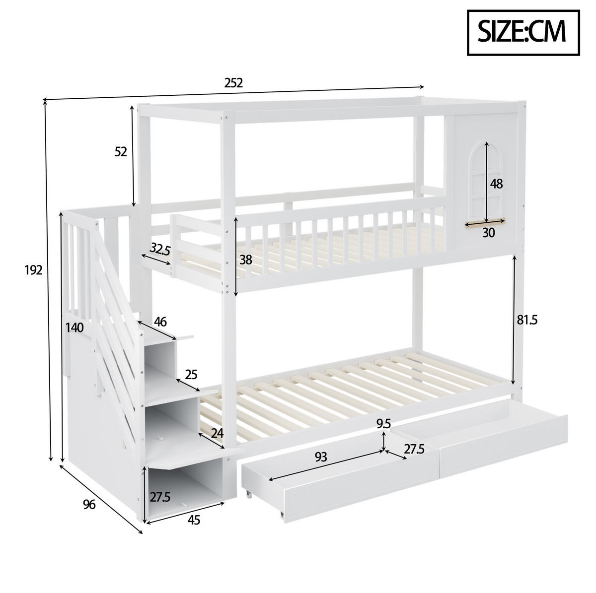 ETAGENBETT 90/200 cm Weiß aus Massivholz mit Stauraum und Haus-Design - Weiß, Holz (90/200cm) - Flora Grace