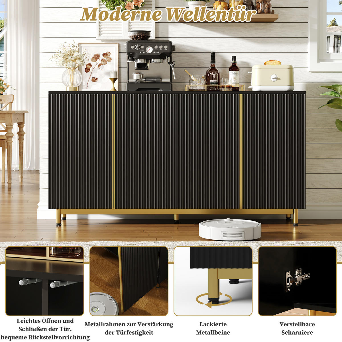 SIDEBOARD mit Flexibler Stauraum Schwarz und Gold - Weiß, Holzwerkstoff (150/81/41.5cm) - Urban Meuble