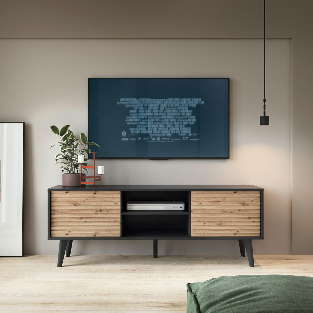 Thumbnail - Komodee Lowboard, Schwarz, Eiche Artisan, Glas, Holzwerkstoff, 1 Fächer, 154x56x39 cm, Wohnzimmer, Wohnwände, Lowboards,...