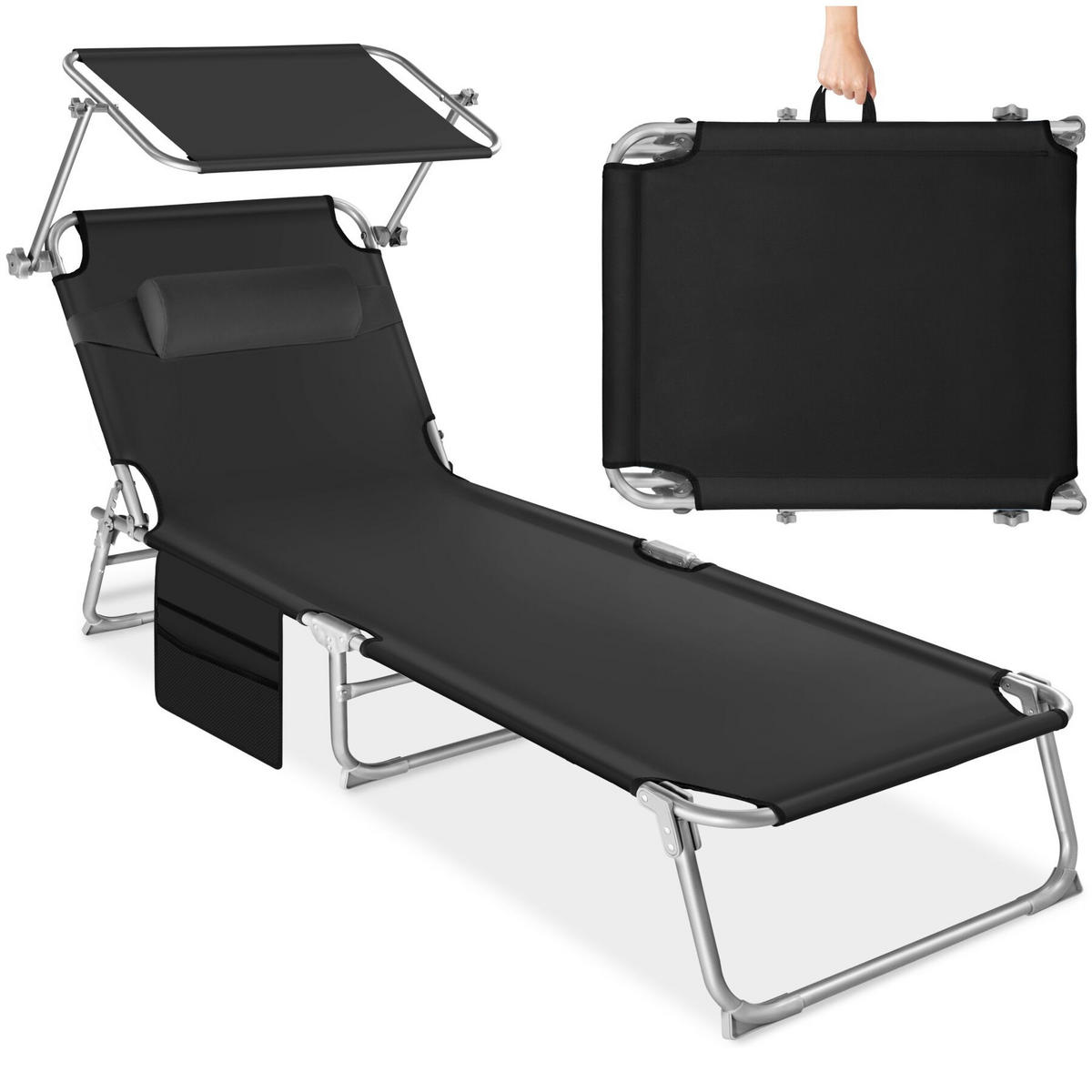 SONNENLIEGE Chloé, 190 x 68 x 111 cm, mit Seitentasche, schwarz - Schwarz, Kunststoff (68/111/161cm) - tectake