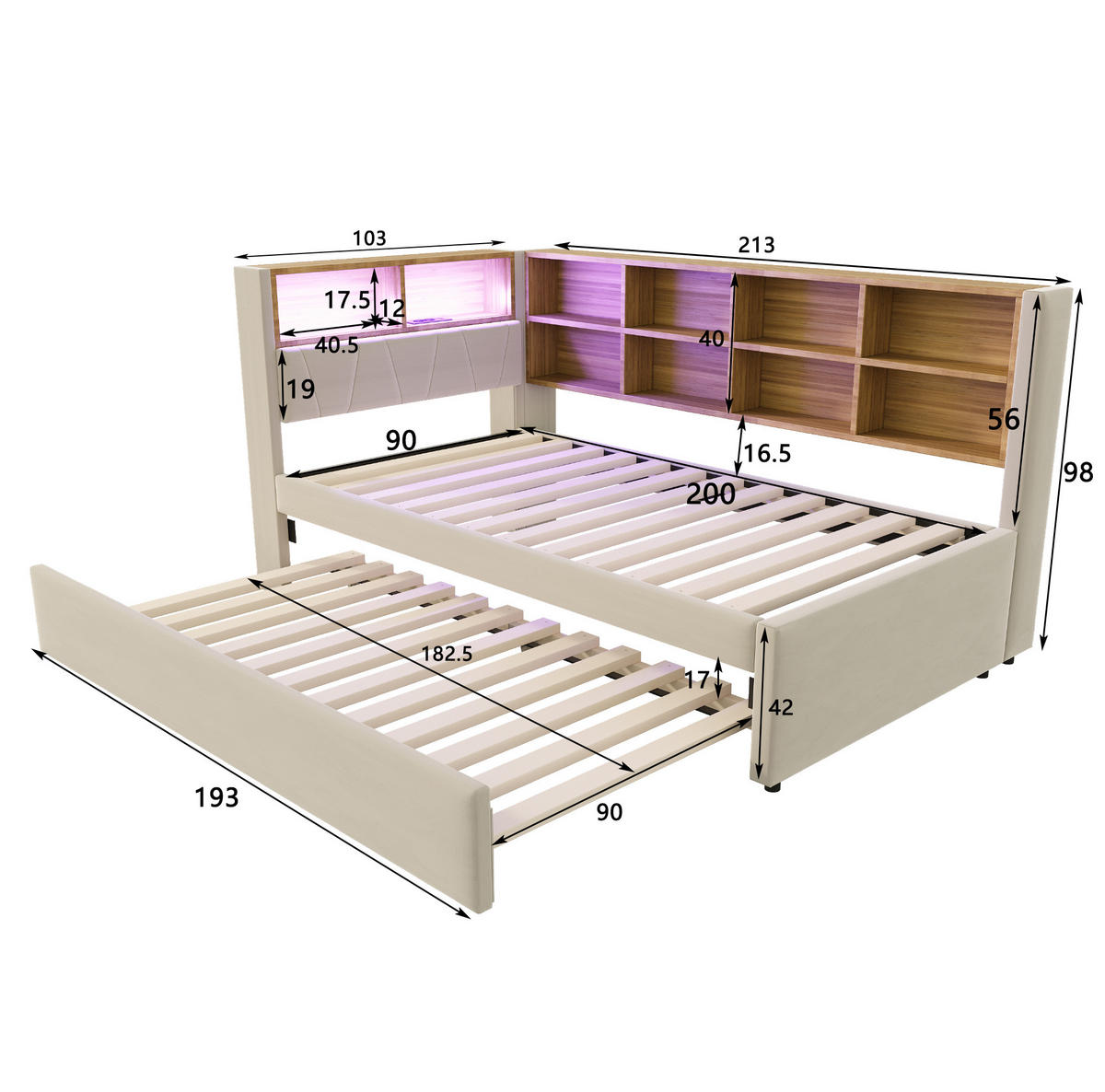 BETT 90/200 cm mit Ausziehbett, LED, Stauraum und Ladeanschlüssen - Beige, Textil (90/200cm) - BEAOK
