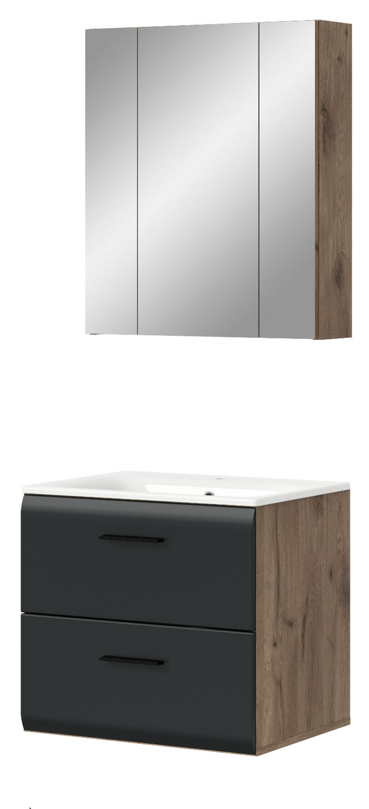 BADMÖBEL Set 2-teilig in schwarz matt und Nox Eiche Badkombination 60 x 185 cm Cover - Eichefarben/Schwarz, Glas/Holz (60/185/46cm) - Inn.Furn