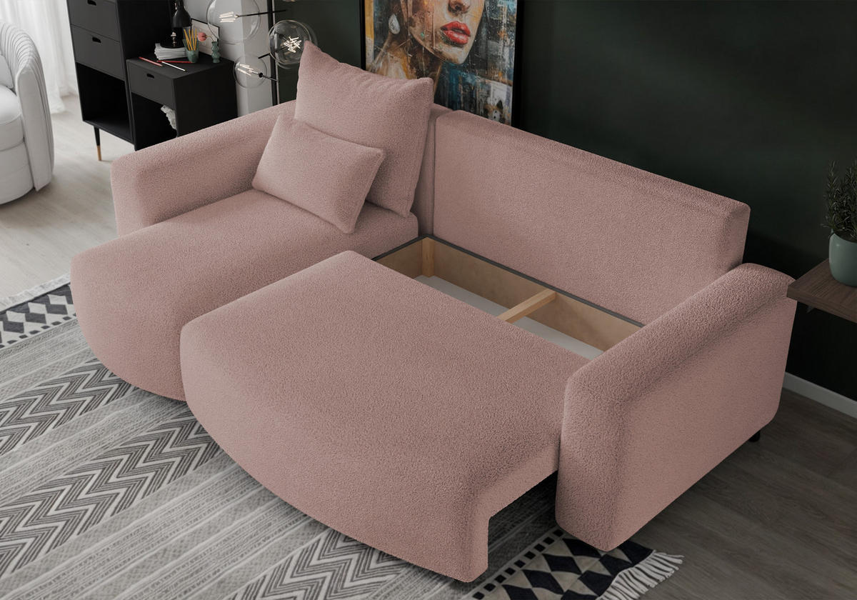 ECKSOFA Travis mit Bettkasten und Schlaffunktion, L-Form, Boucle, Universal - Altrosa, Holzwerkstoff (248/148cm) - 4ALL HOME