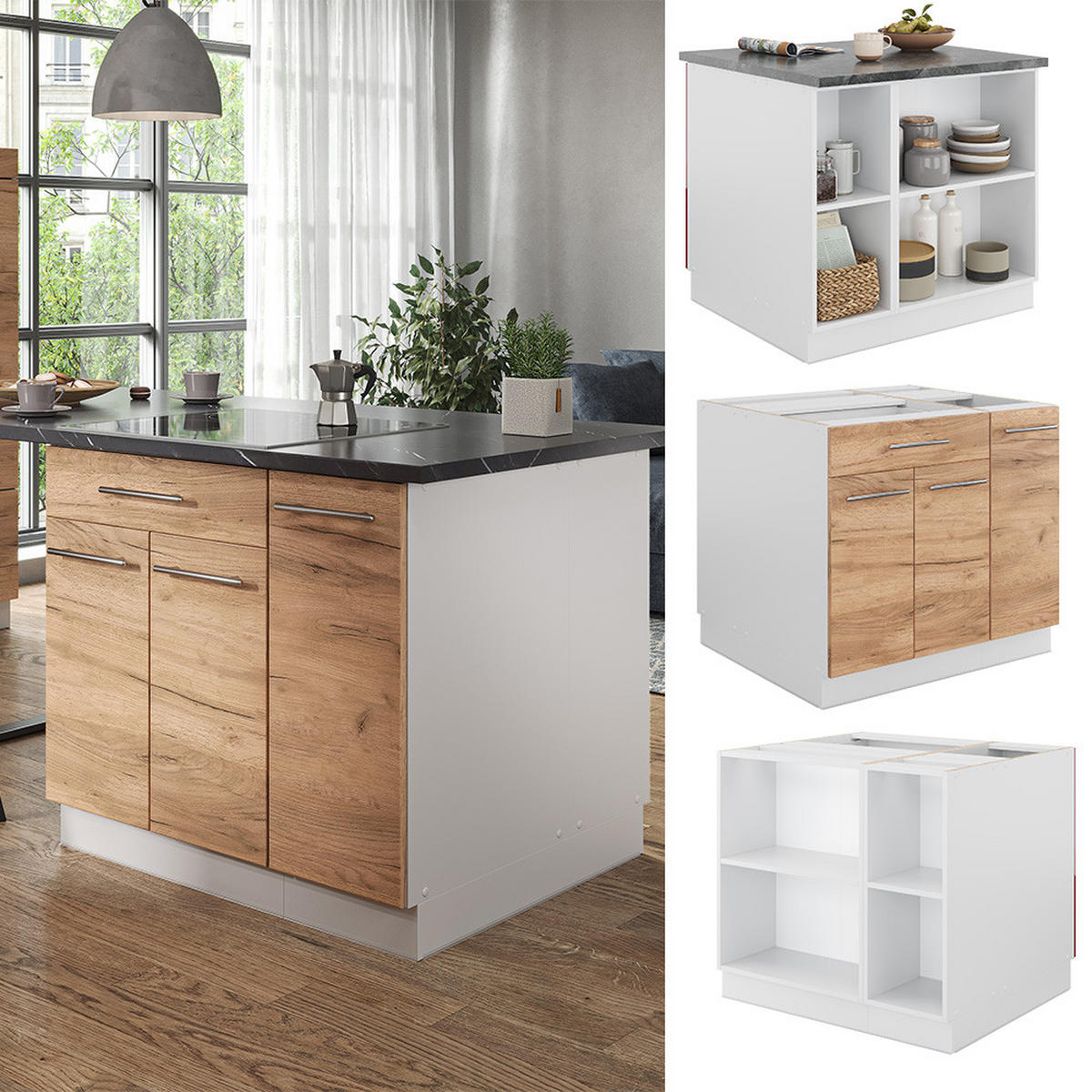 KÜCHENINSEL Fame-Line Goldkraft Eiche/Weiß 90 cm mit Schublade ohne AP - Honigeiche/Eiche Wotan, Holzwerkstoff (90/82/60cm) - Vicco