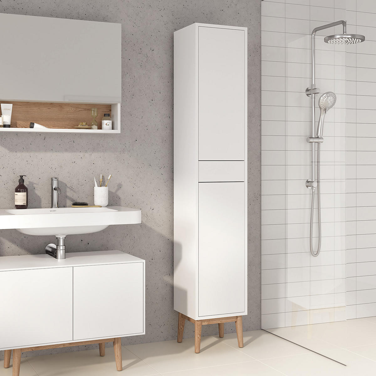 HOCHSCHRANK - Eiche teilmassiv - Weiß, Holzwerkstoff (40/195/32cm) - home24