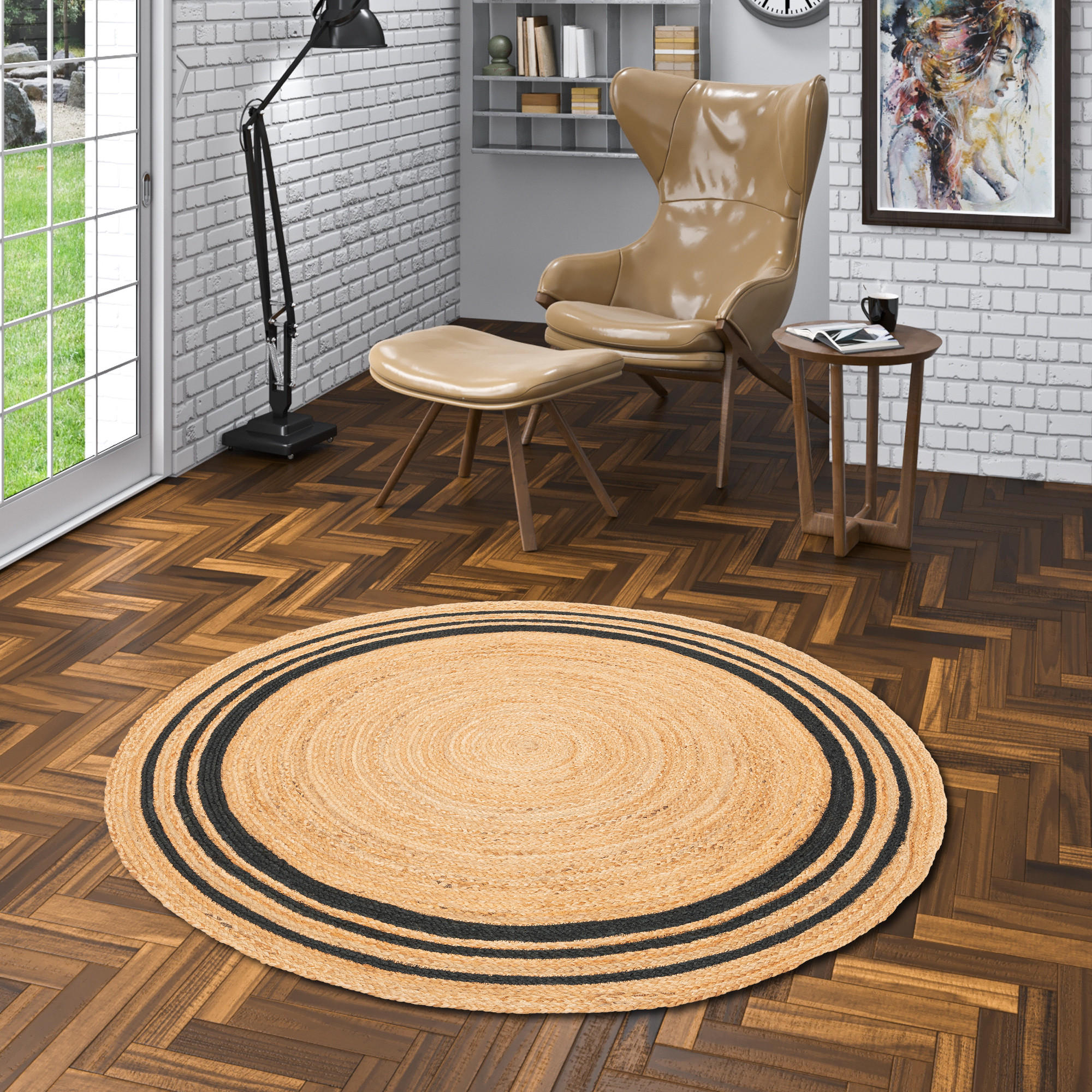 NATURFASER TEPPICH JUTE SALSA STREIFEN RUND - Anthrazit, Textil (160/160cm) - Pergamon