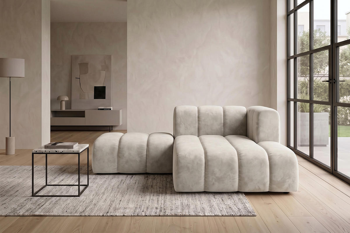 CHAISELONGUE Modulare Mit Hocker, Velvet-Stoff Riviera, Ecru, Rechts, GRAND - Creme, Holz (204/179cm) - Kaiser Möbel