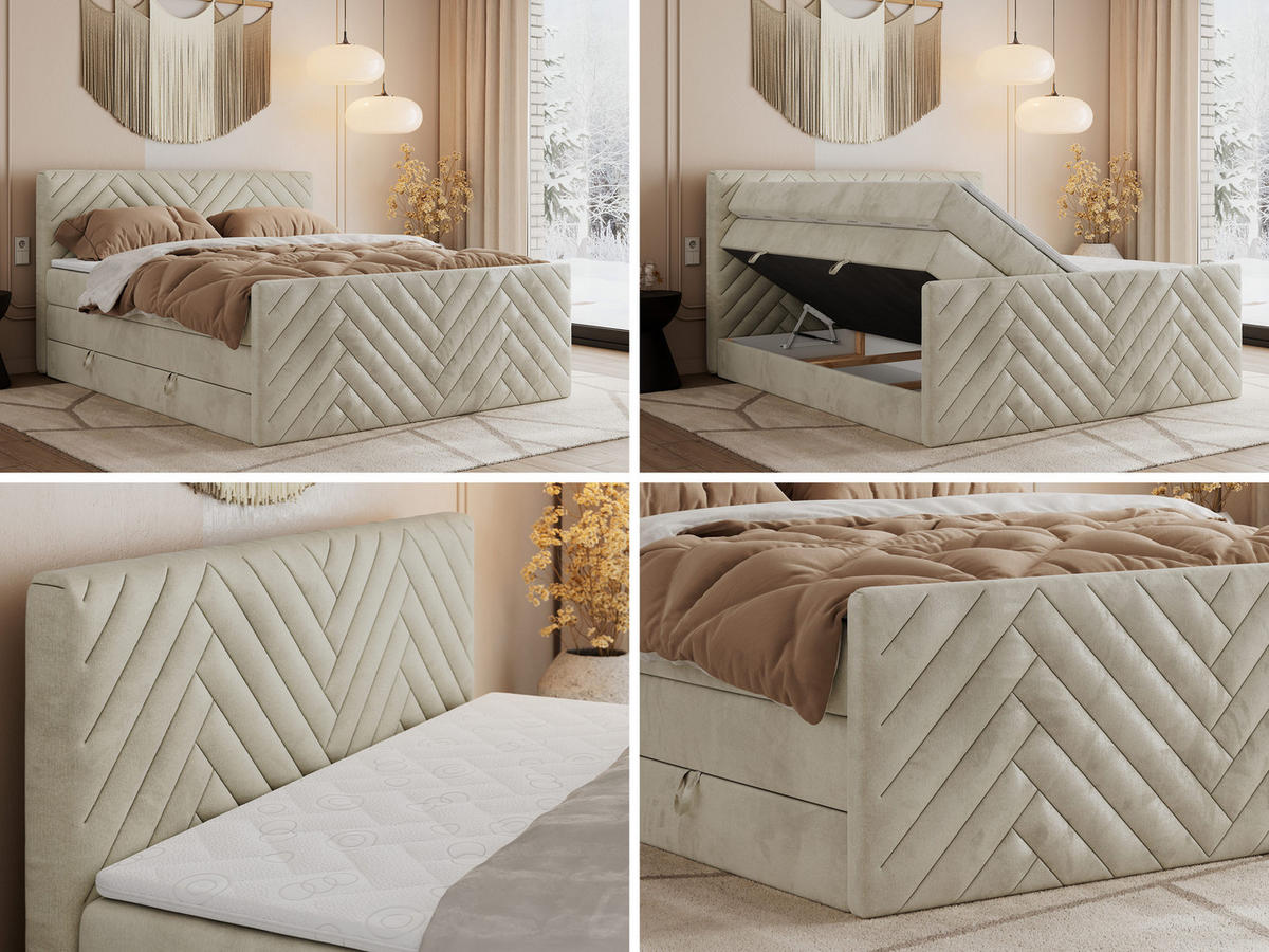 BOXSPRINGBETT PARIS KING DUO - 160/200 - Beige Velvet - H3 - Beige, Holz/Textil (160/200cm) - MKS