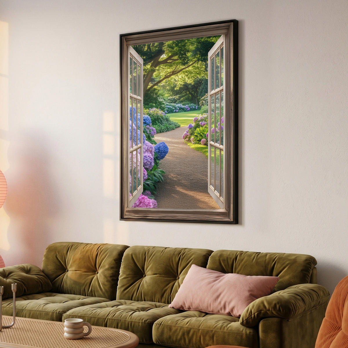 LEINWAND Bilder mit Rahmen - Aussicht - Garten - Fenster - Hortensie - Blumen - 100x150 - Pastellblau, Textil (100/150cm) - MuchoWow