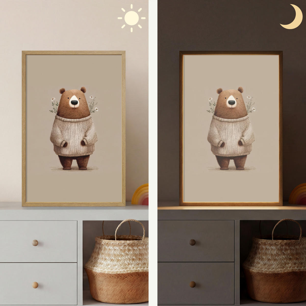 NÁSTĚNNÁ LAMPA S AKUMULÁTOREM Medvěd - Bílé květy - Cosy 40x60 cm - šedohnědá, kompozitní dřevo (40/60/8cm) - OnlyWow