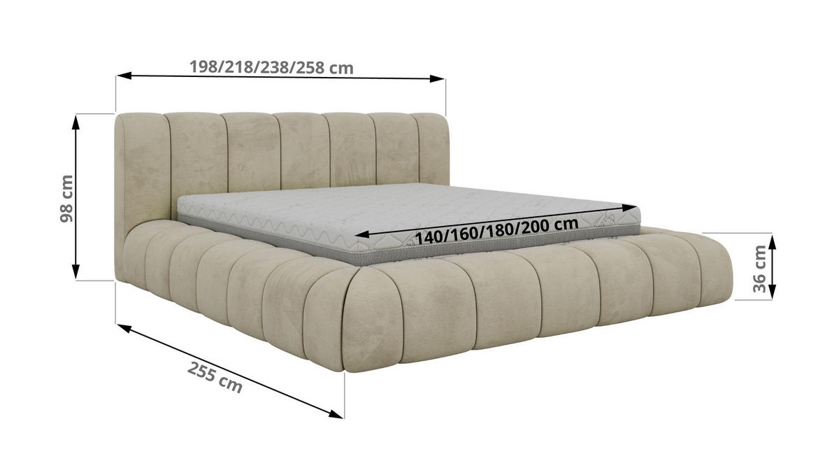 POLSTERBETT NUBEA CLASSIC 180/200 - Beige Velvet - ohne Matratze - Beige, Textil (180/200cm) - MKS