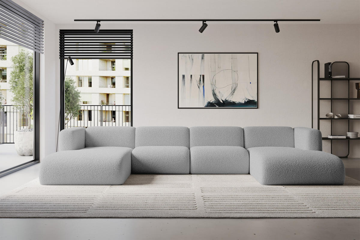 WOHNLANDSCHAFT MIRA-U2 408x179x70 Hellgrau Bouclé - Silberfarben/Hellgrau, Holzwerkstoff/Kunststoff (408/70/179cm) - ALTDECOR