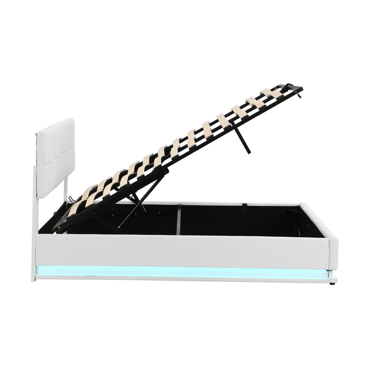 ČALÚNENÁ posteľ 180/200 cm s LED osvetlením a hydraulickým úložným priestorom, výškovo nastaviteľné čelo, Biela - biela, textil (180/200cm) - Redom