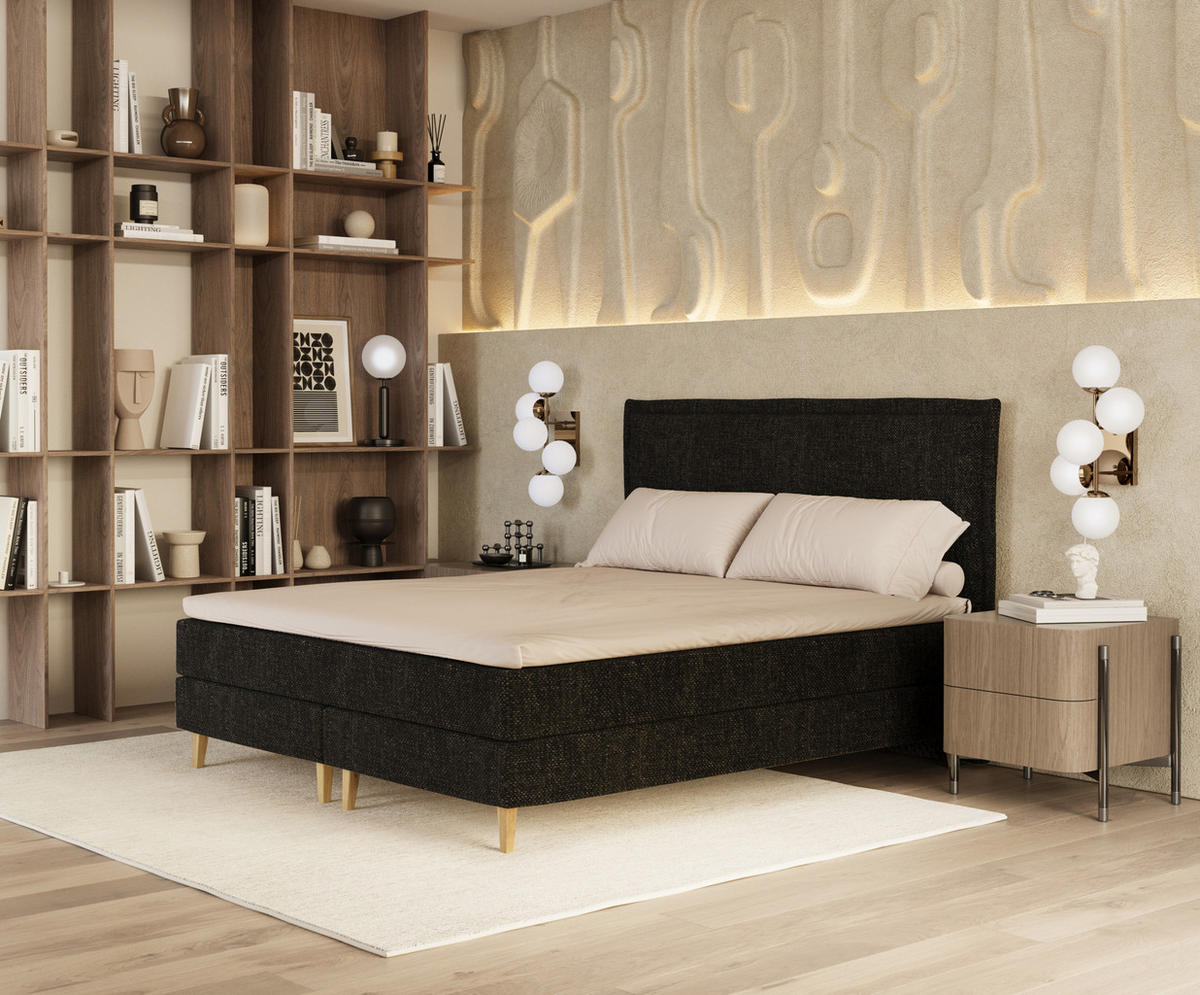 KONTINENTALBETT Calma Schwarz 120/200 cm mit Matratze und Topper - Schwarz/Naturfarben, Holz/Holzwerkstoff (120/200cm) - Maison de Reve
