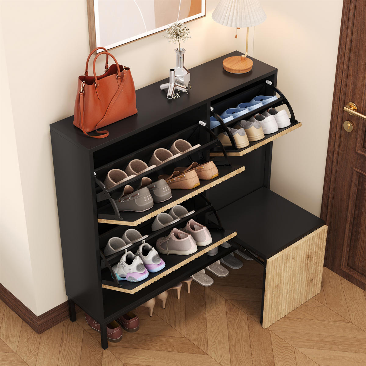 SCHUHKIPPER DE-38217 100/25/100 cm mit 3 Klappen Schwarz/Holzoptik - Schwarz/Naturfarben, Holzwerkstoff (100/100/25cm) - ComfortXL