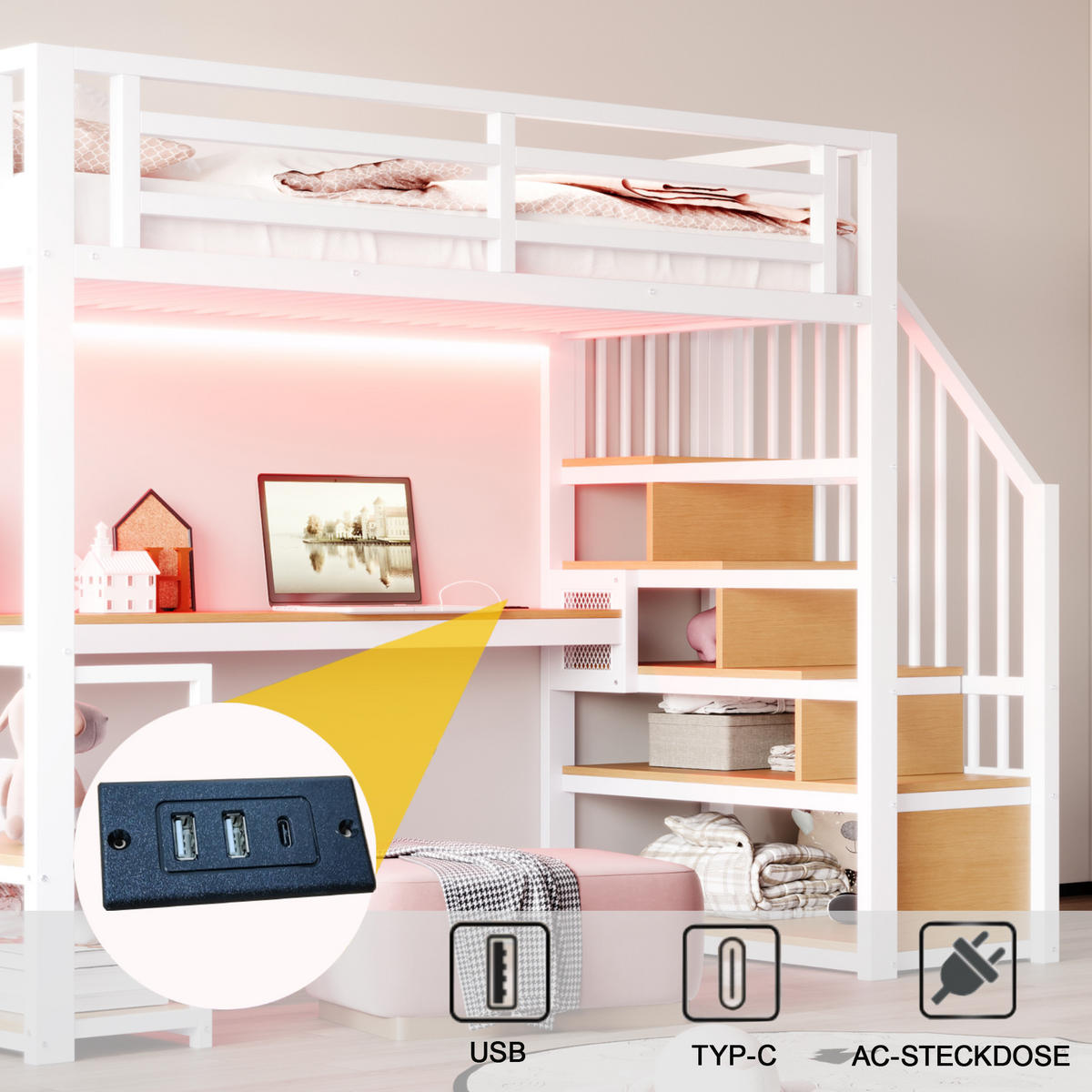 HOCHBETT 90/200 cm in Weiß mit Regalen, Tisch, LED und Steckdose - Weiß, Holzwerkstoff/Metall (90/200cm) - WISHDOR