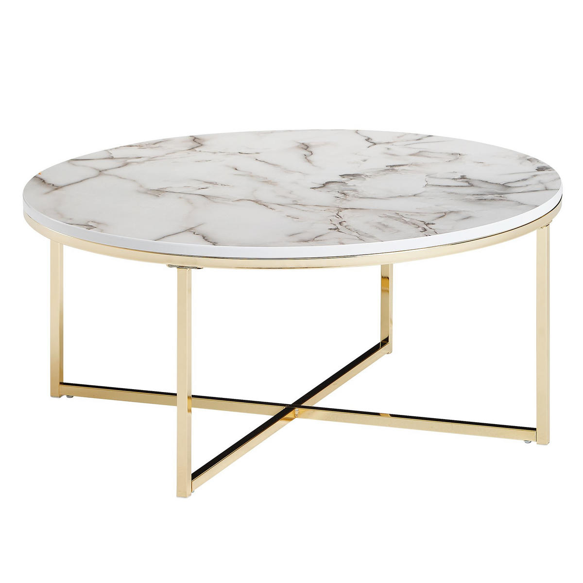 COUCHTISCH mit Marmor-Optik und Hochglanz-Finish, rund, Weiß 80x80x35 cm - Goldfarben/Weiß, Holz/Metall (80/80/35cm) - KADIMA DESIGN