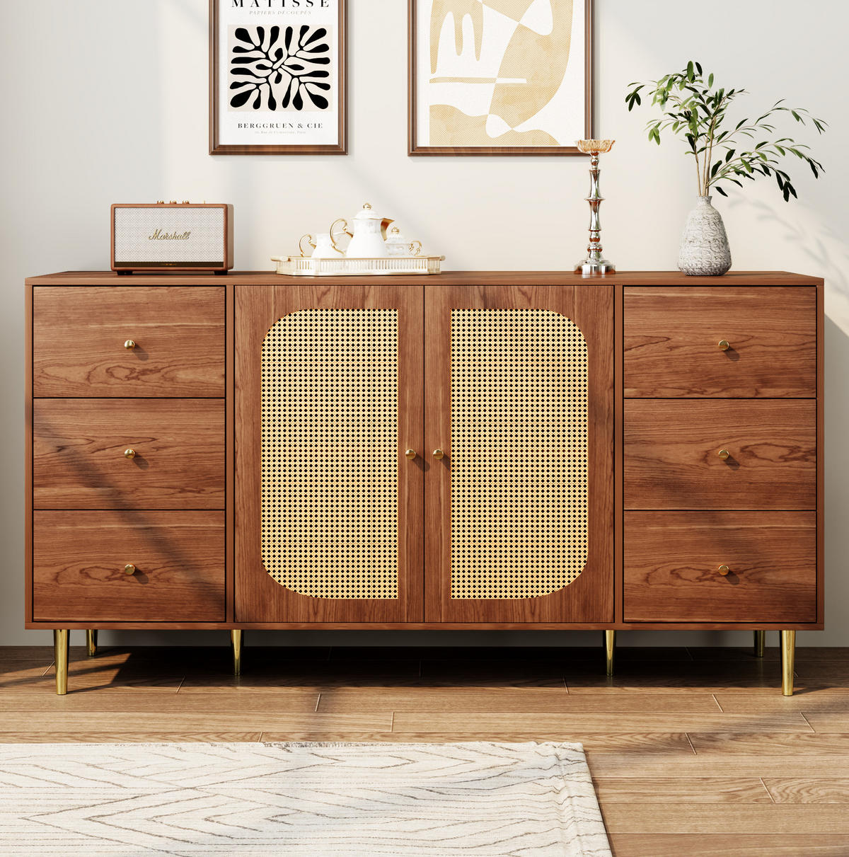 SIDEBOARD 160/40/90 cm, 6 Schubladen und Rattantüren, MDF in Wood-Optik, Naturfarben - Naturfarben, Holzwerkstoff (160/90/40cm) - Redom