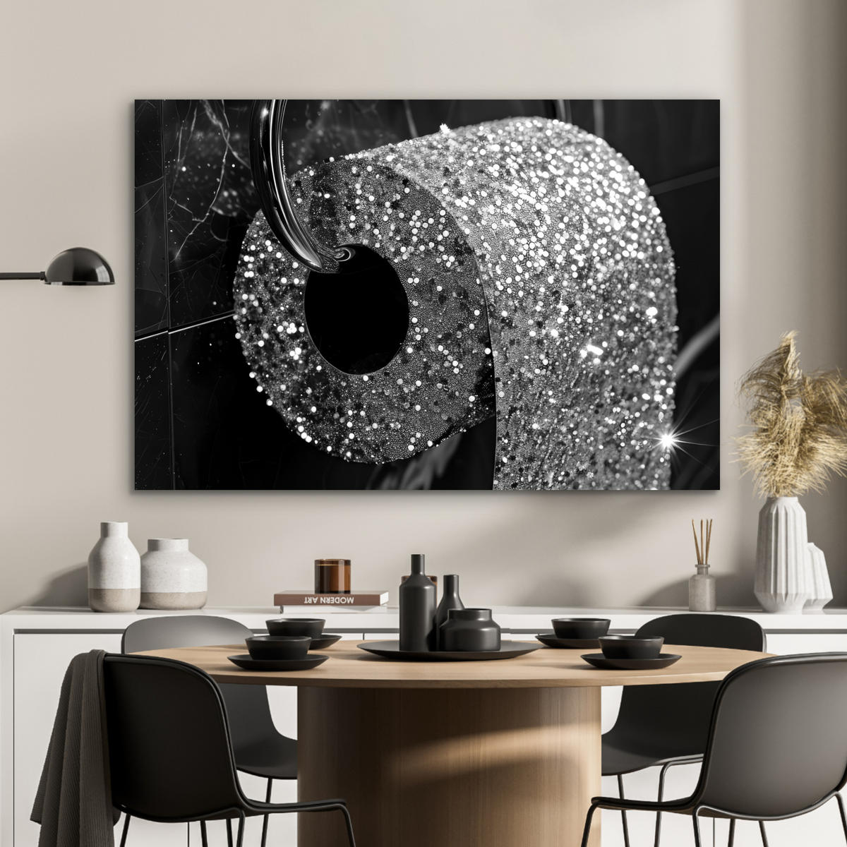 METALLBILD WC - Toilettenpapier - Schwarz und weiß - Glitter 120x80 cm - Silberfarben, Metall (120/80cm) - MuchoWow