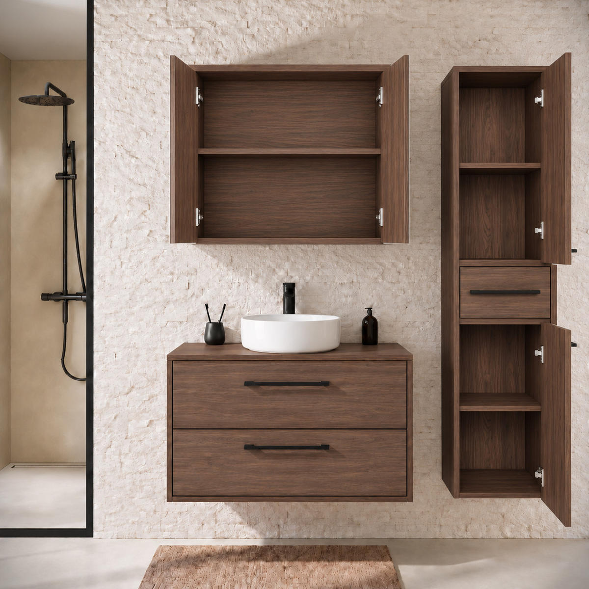 SET KUPAONSKOG NAMJEŠTAJA Florence 3-dijelni smeđi orah - 80 x 46 x 46 cm - boje oraha, drvo (80/46/46cm) - Badplaats