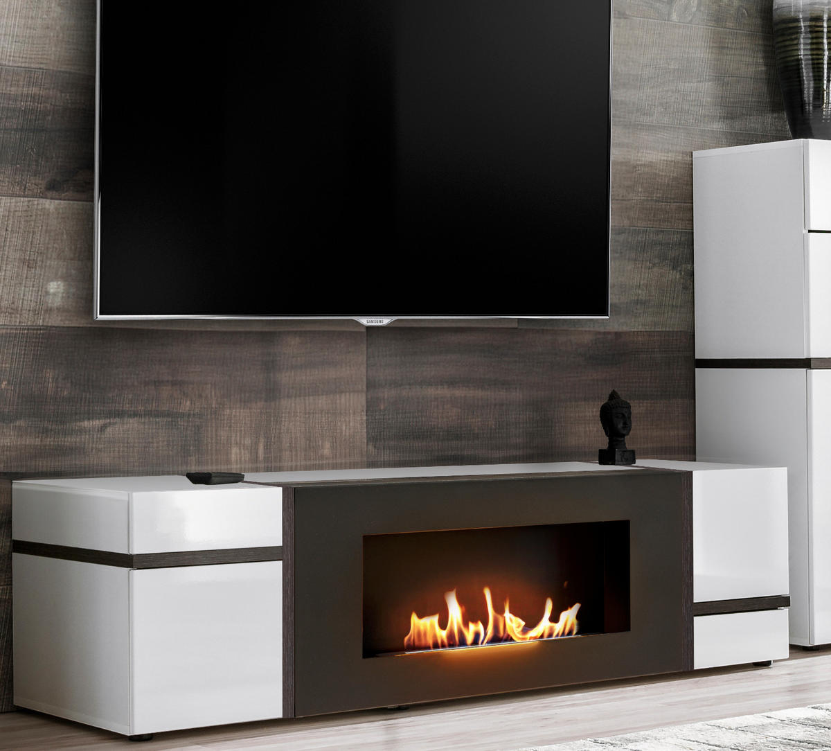 TV-LOWBOARD weiß Hochglanz, Ulme 150 cm, TV Unterteil mit Ethanol Kamin - Ulmefarben/Weiß Hochglanz, Holzwerkstoff/Kunststoff (150/40/50cm) - Inn.Furn