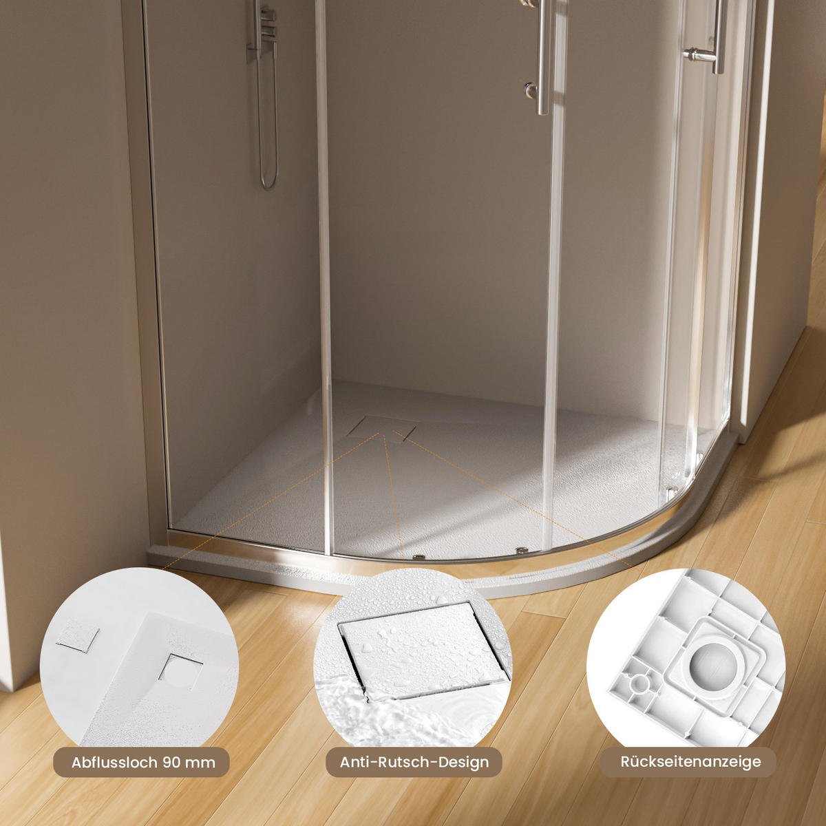 DUSCHWANNE Viertelkreis mit rutschhemmender Oberfläche Weiß 90/90 cm - Weiß, Naturmaterialien (90/2.6/90cm) - EMKE