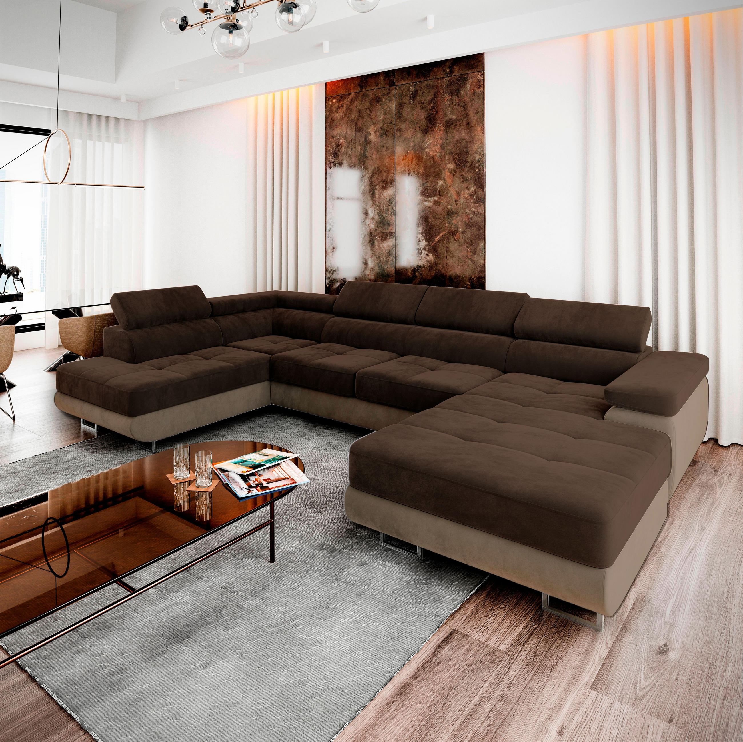 WOHNLANDSCHAFT CASONE L-S Braun Velours-Stoff mit Schlaffunktion - Braun, Holz (345/90/202cm) - MASSENO