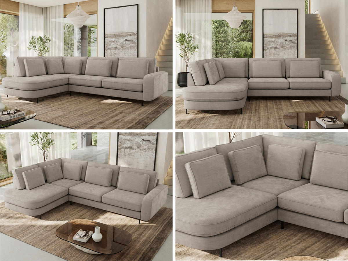 ROHOVÁ SEDAČKA CALENO L - Světle šedá Hrubě tkaná žinylka - Pravá Strana - černá/světle šedá, kov/textil (317/225cm) - MKS