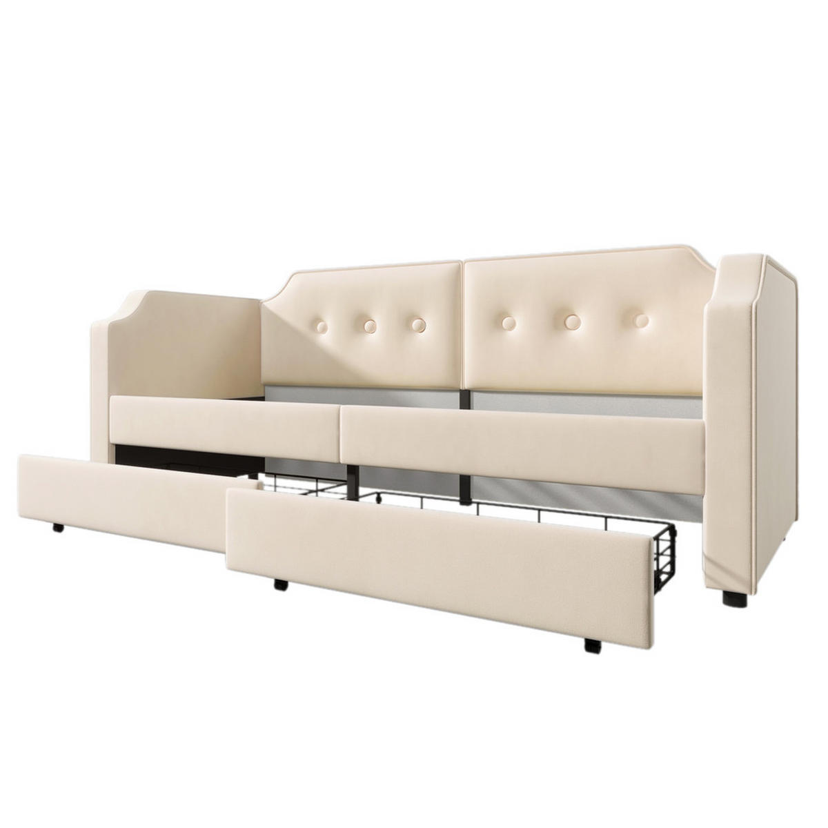 TAGESBETT 90x200cm Schlafsofa USB-C Leselicht 2 Schubladen Beige Samt - Beige, Holz (90/200cm) - FLIEKS
