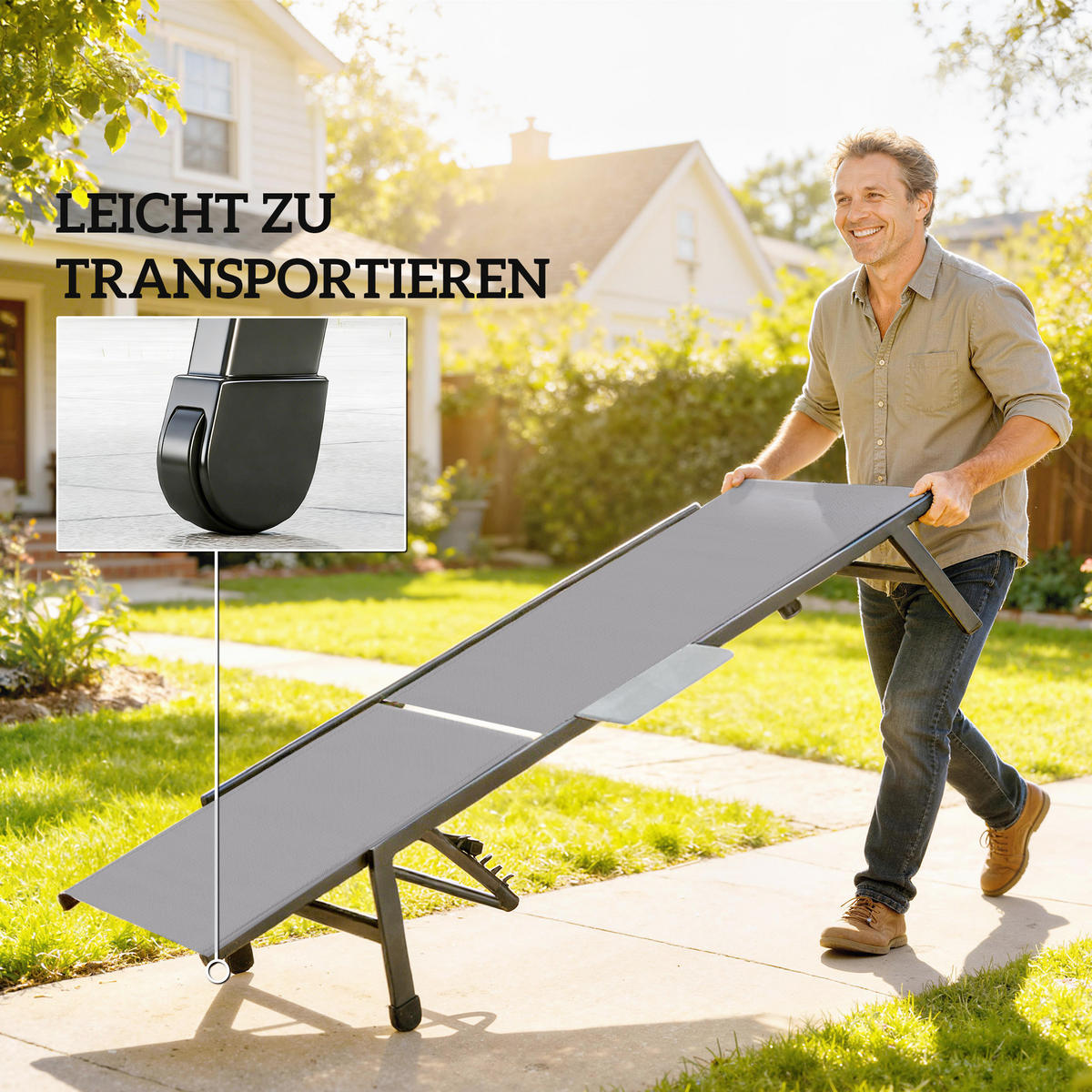 SONNENLIEGE DE-07710 2er-Set, 5-fach verstellbar, mit Seitentisch, Rollen Grau - Grau, Metall (74/35/190cm) - ComfortXL