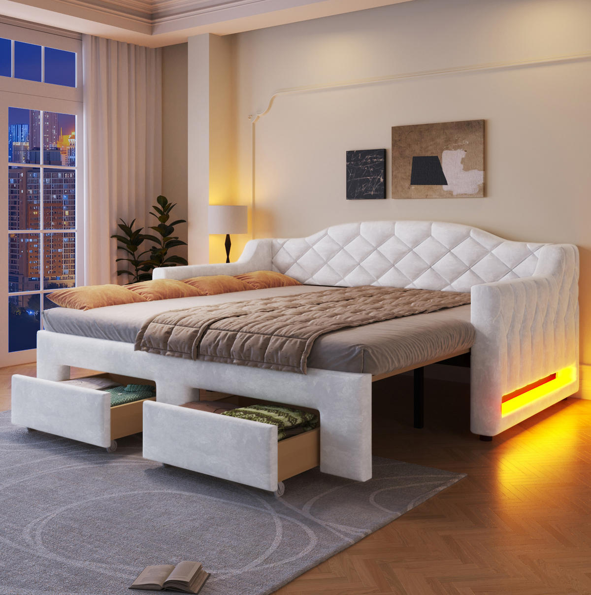 DENNÁ posteľ 90/200 cm biela rozkladacia na 180/200 cm s LED a zásuvkami z MDF, preglejky a zamatu - biela, textil (90/200cm) - OKWISH