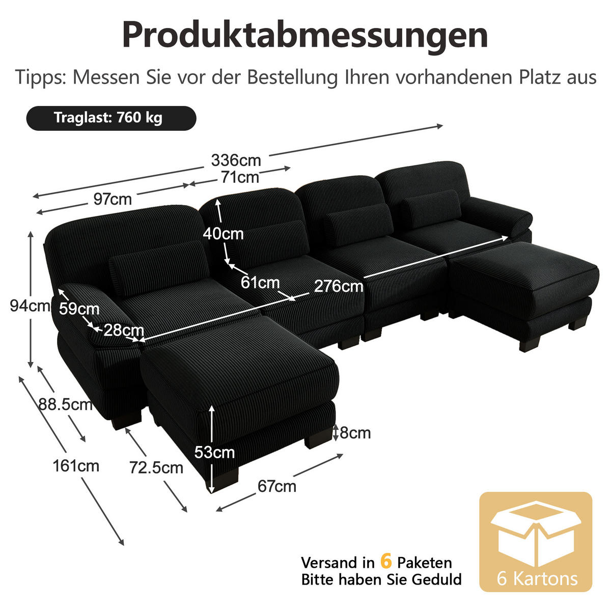 WOHNLANDSCHAFT 4-Sitzer U-Form mit 2 Hockern, DE-42659, Schwarz - Schwarz, Holz (336/94/161cm) - ComfortXL