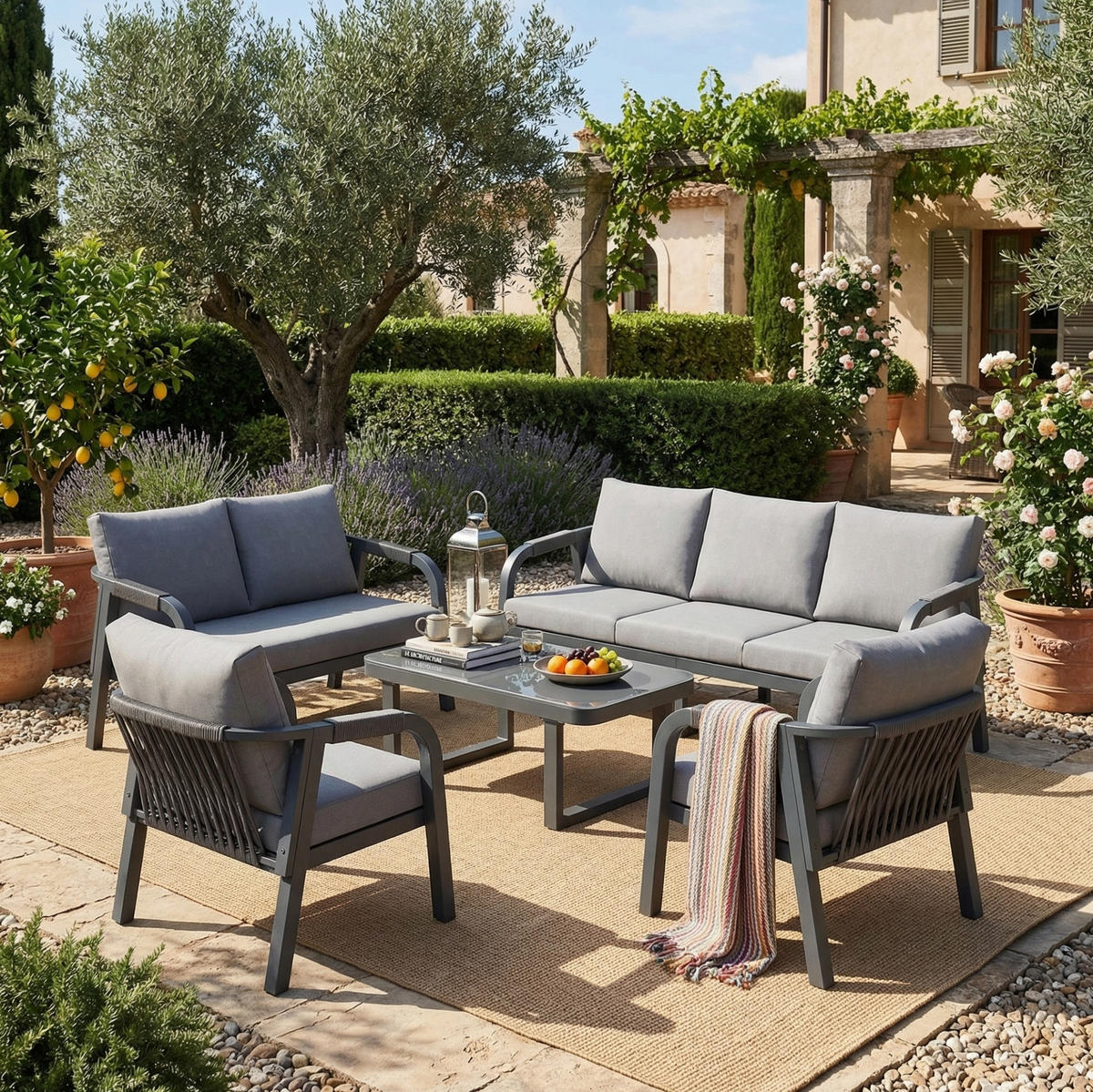 GARTENLOUNGE-SET 172/70/76 cm grau aus Polyester mit Seilgeflecht und Glas-Couchtisch - Grau, Metall - OKWISH