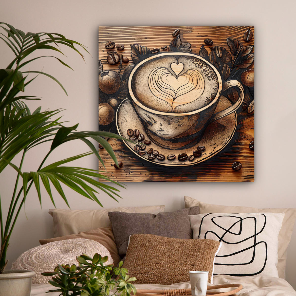 LEINWANDBILD Kaffee - Vintage - Braun - Tasse - Holz 90x90 cm - Braun, Textil (90/90cm) - MuchoWow