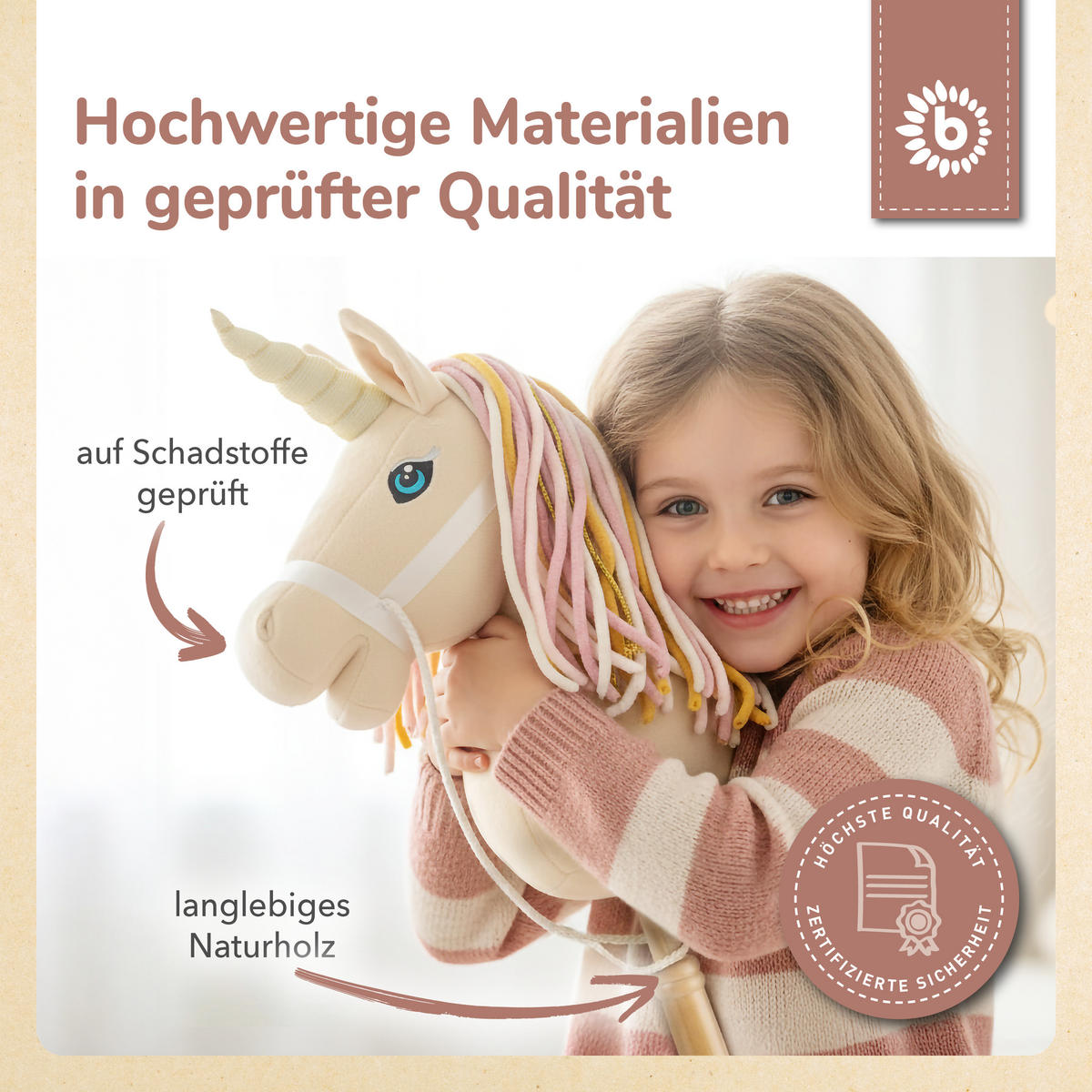 STECKENPFERD Einhorn Aurora aus Holz - Beige, Textil (33/92cm) - Bieco Spielwaren