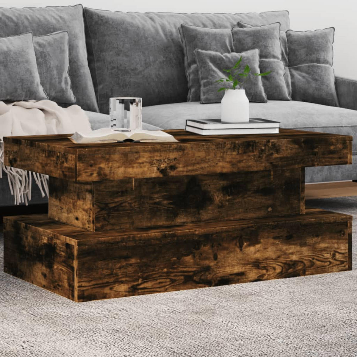 COUCHTISCH Moderner 90/50/40 cm aus Holzwerkstoff Räuchereiche-Dekor mit Led-Leuchten - Dunkelbraun, Holz (50/90/40cm) - vidaXL