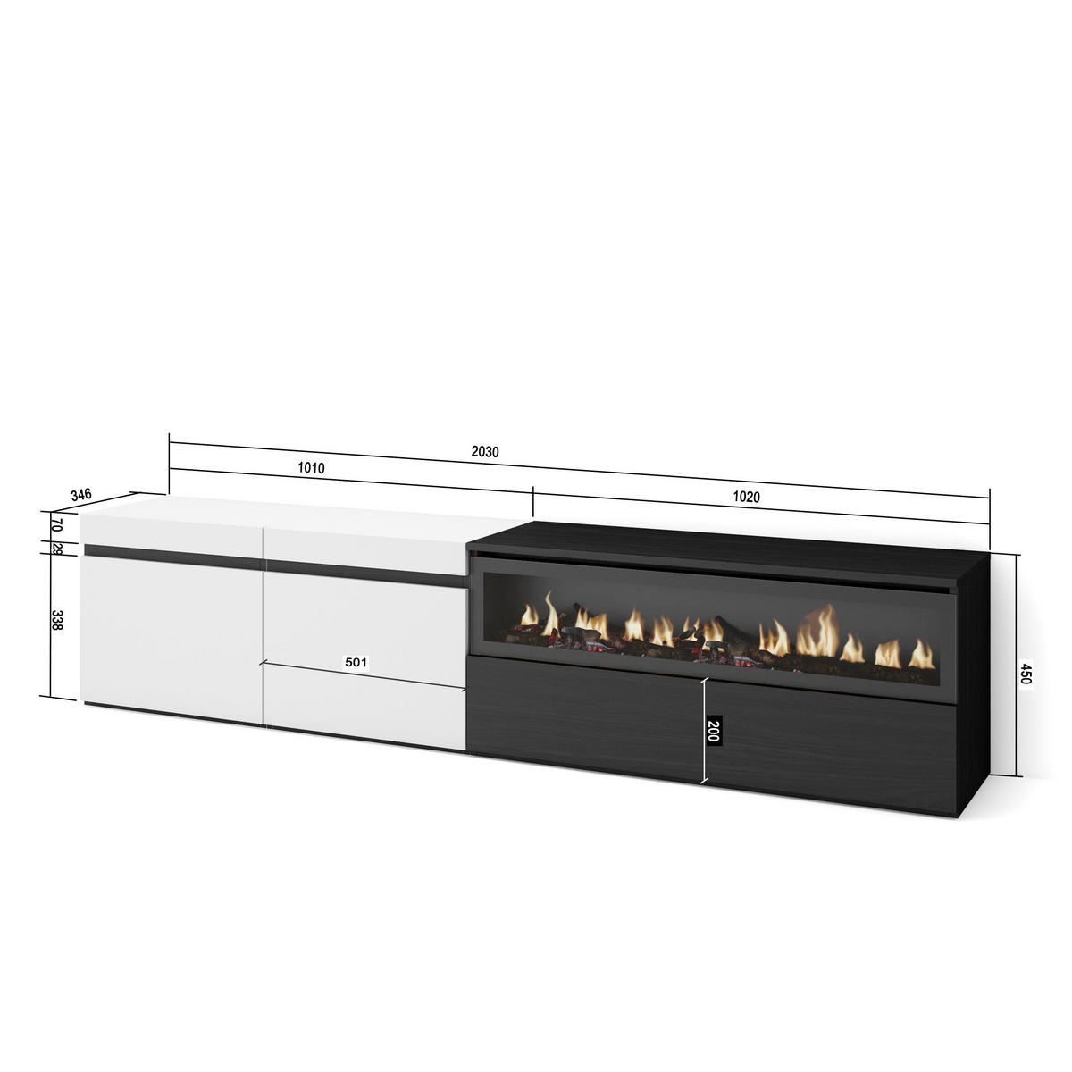 LOWBOARD, mit Elektrokamin, weiß, schwarz, 200/35/45cm - Schwarz/Weiß, Holzwerkstoff (200/45/35cm) - Skraut Home