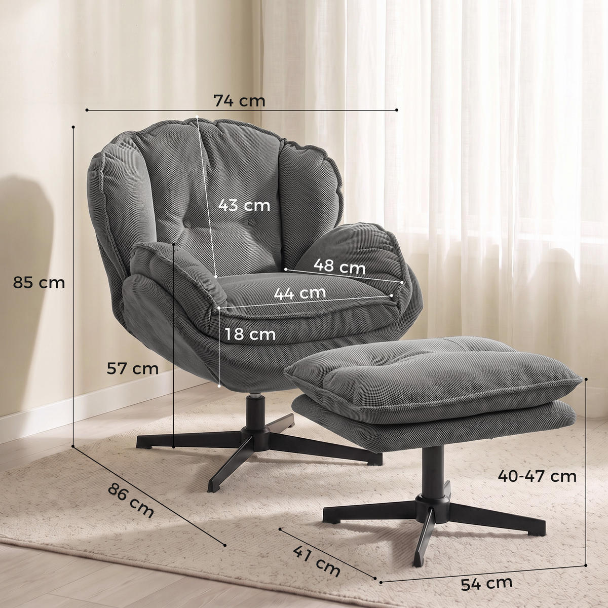 RELAXSESSEL-MIT-HOCKER Polyester Grau - Schwarz/Grau, Textil/Metall (74/85/86cm) - HOMCOM
