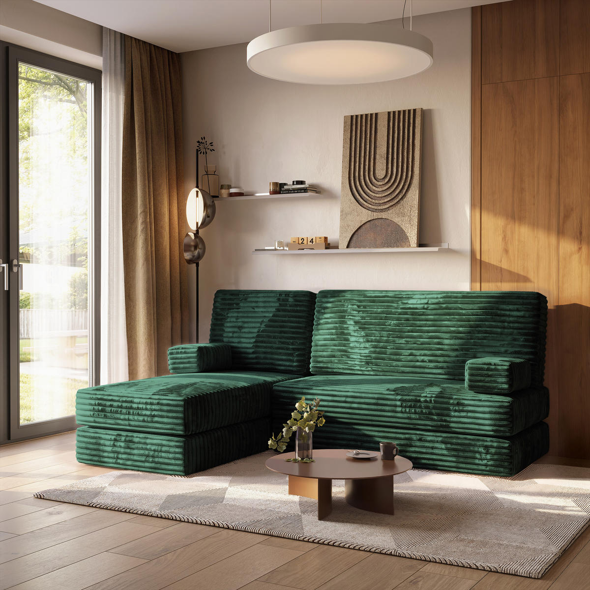 ROHOVÁ SEDAČKA NOTIA modulární Boneless pohovka s funkcí spaní, tmavě zelená TILIA 39 - zelená barva, textil (200/120cm) - MASSENO