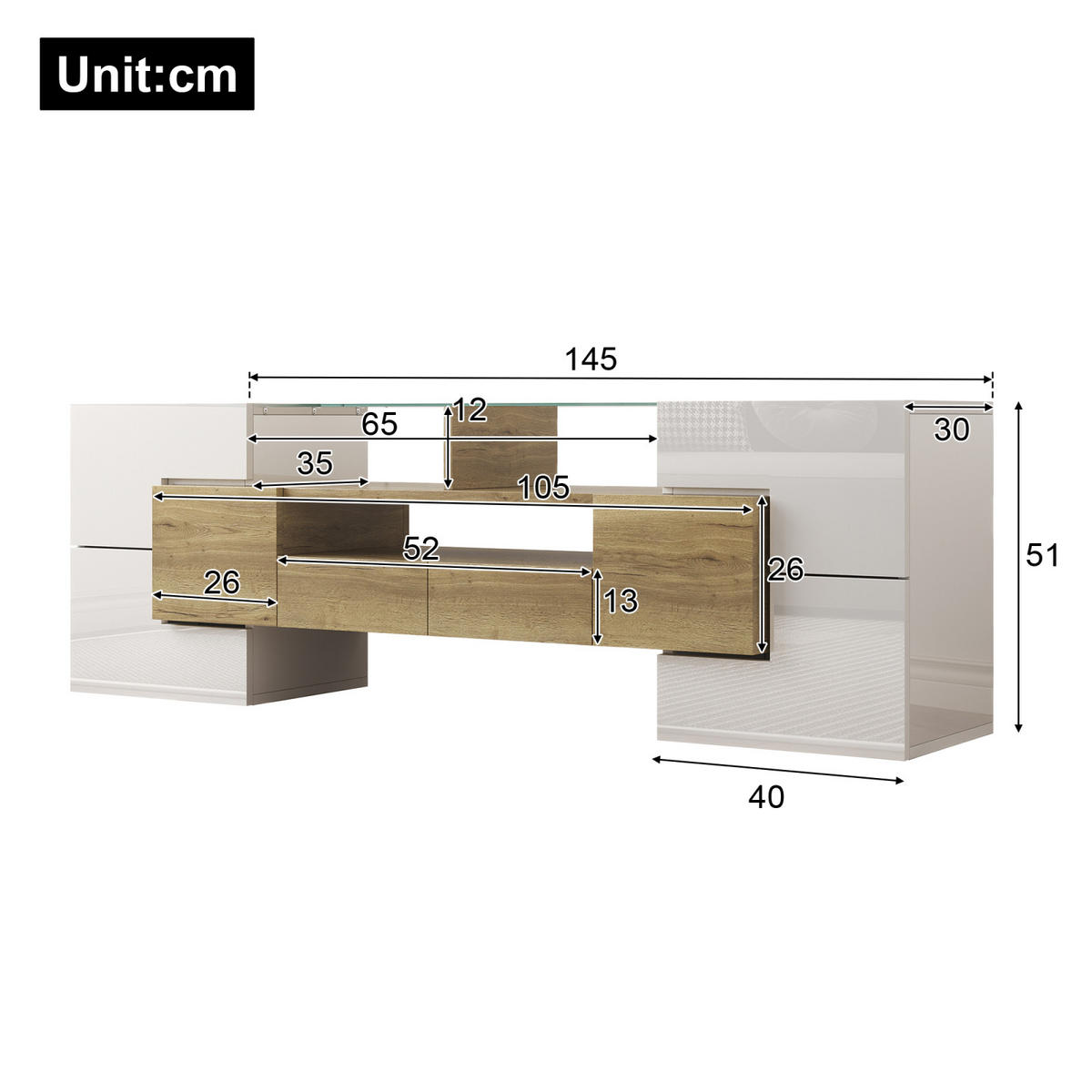 TV Lowboard LED 150x30x50 cm, Stauraum, Weiß Holz - Weiß, Holz (145/51/30cm)